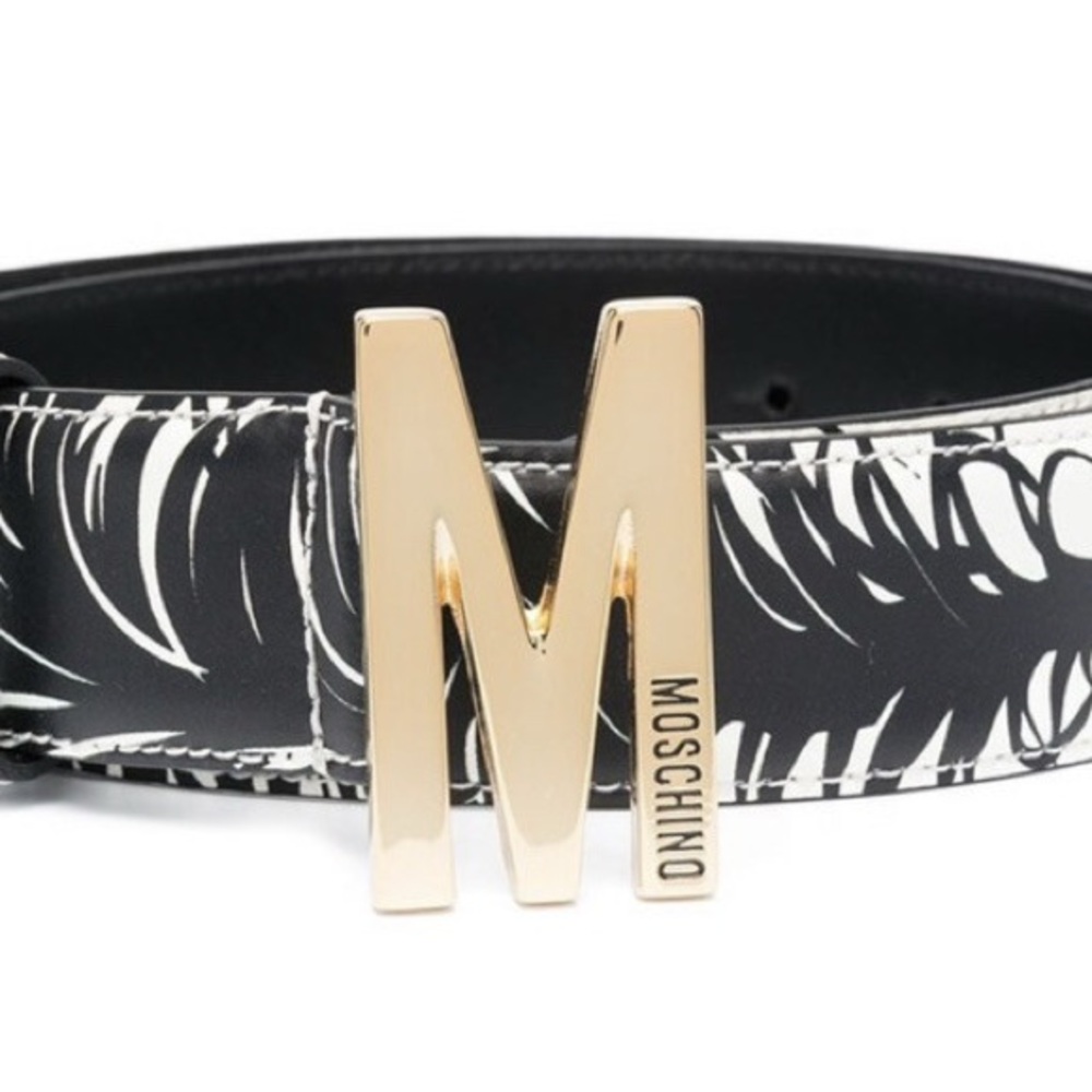 Moschino Couture Feather Print Leather Belt - Gold M Buckle - Picture 2 of 5